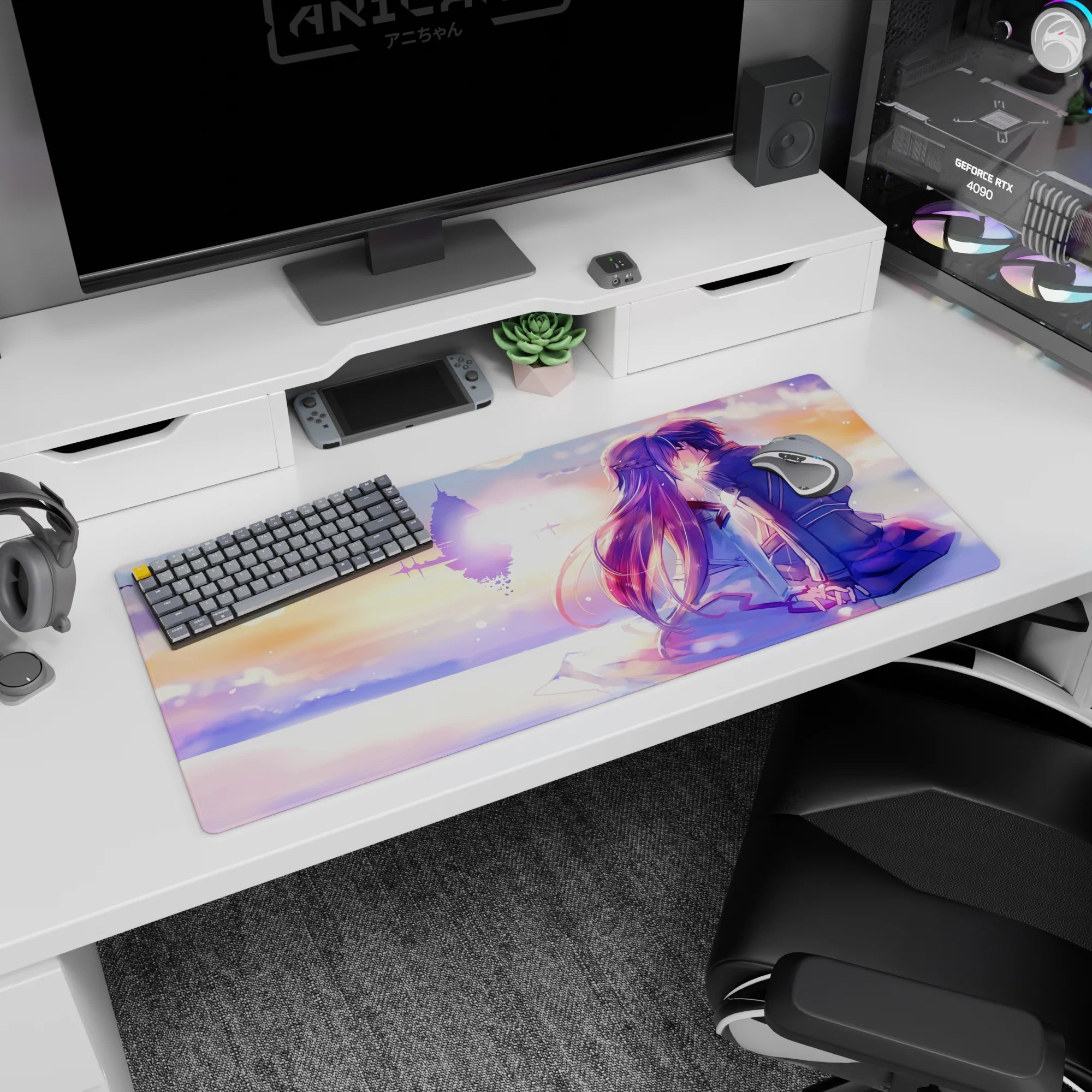 36x16 inches anime desk pad showing violet-haired girl and uniformed boy holding hands in a quiet kiss.