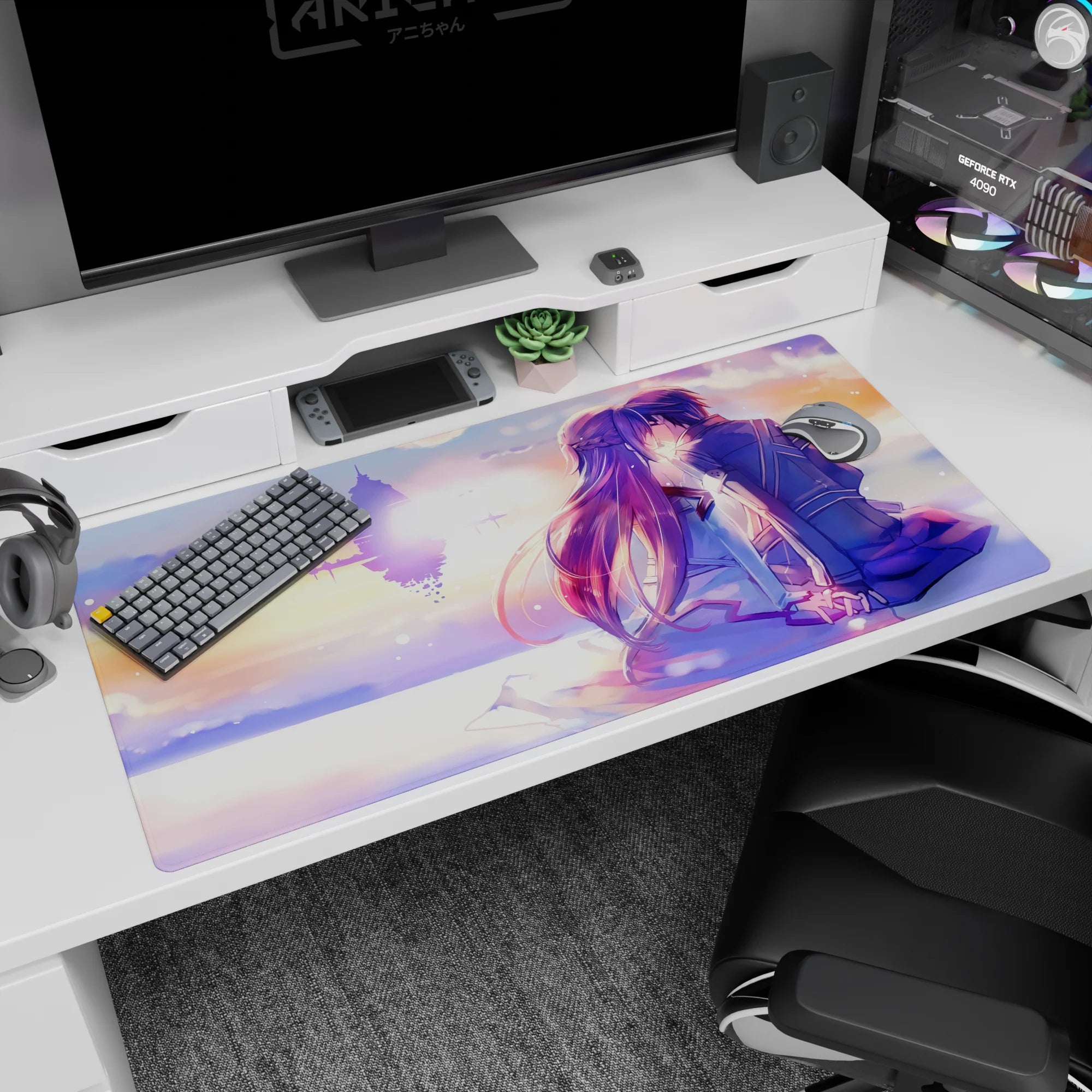 40x20 inches anime desk mat showing violet-haired girl and uniformed boy holding hands, sharing a kiss.
