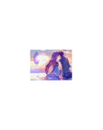 Classic anime mouse pad 14x10 inches with kissing couple at sunset and glowing floating fortress horizon.