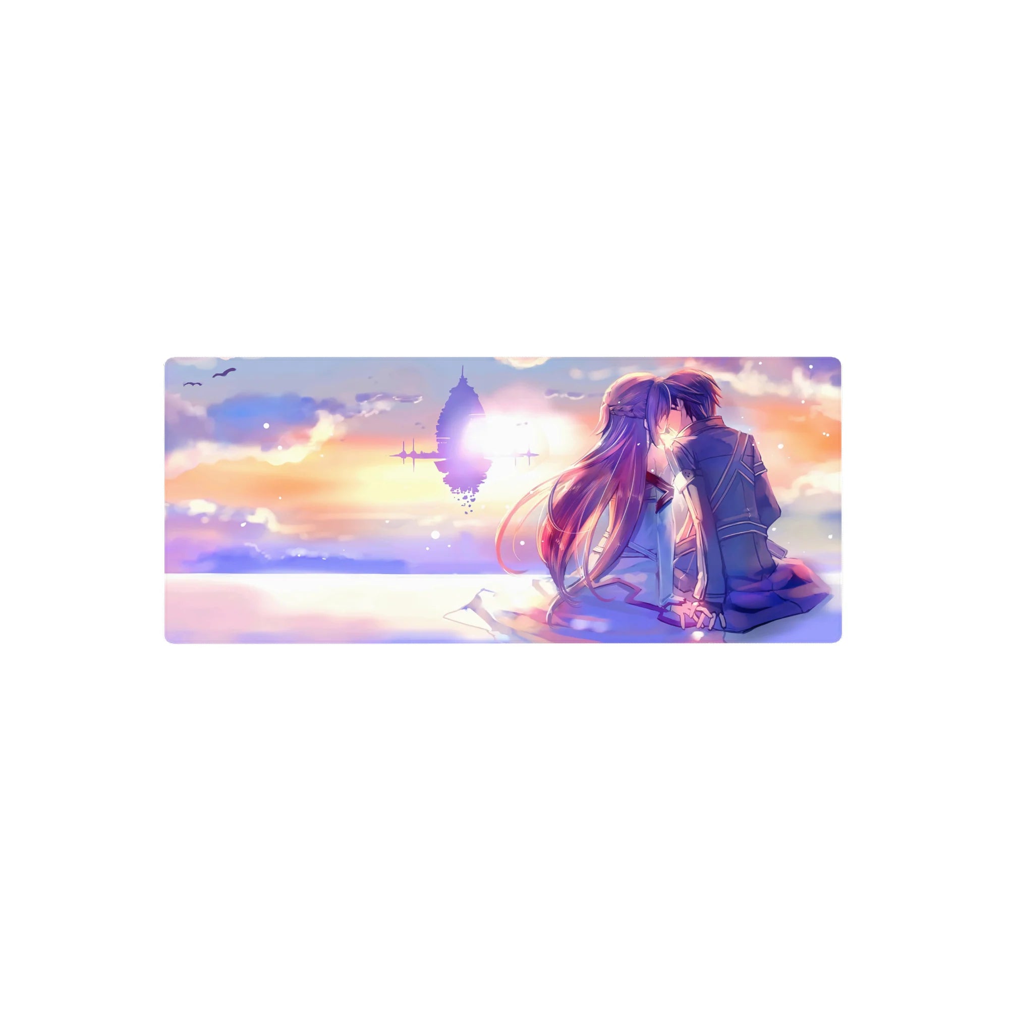 28x12 inches anime mouse pad with lovers kissing at sunset and a glowing floating fortress on the horizon.