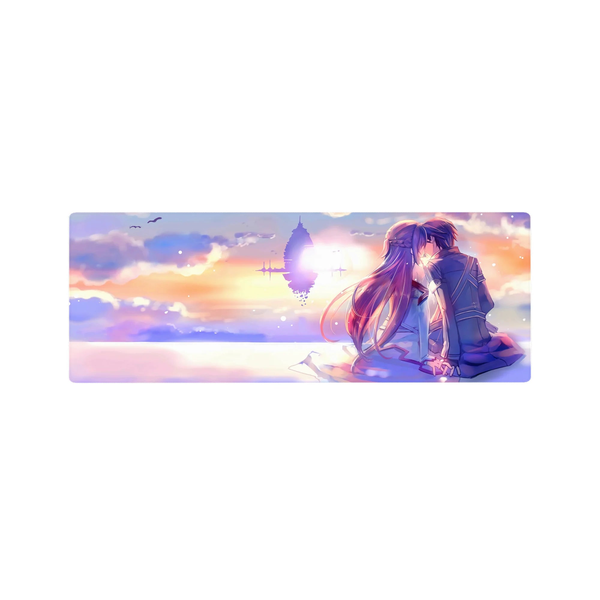 32x12 inches anime mouse pad with lovers kissing at sunset and a glowing floating fortress sci‑fi horizon.