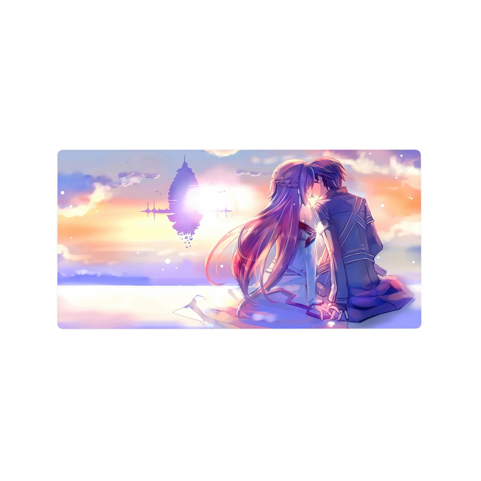 32x16 inches anime mouse pad with kissing couple at sunset and a glowing floating fortress on the horizon.