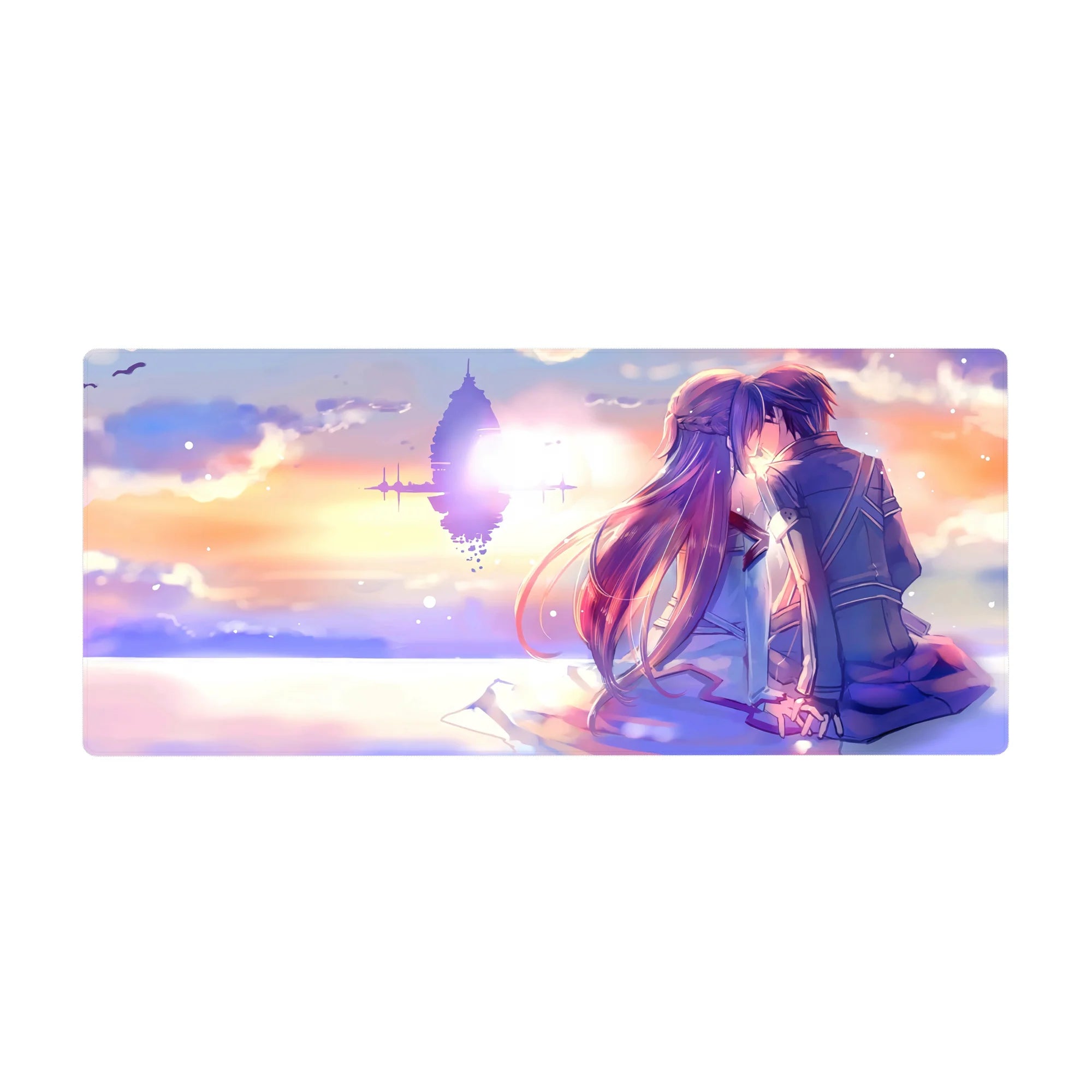 36x16 inches anime desk pad with lovers kissing at sunset and a glowing floating fortress on the horizon.
