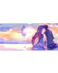 36x16 inches anime desk pad with lovers kissing at sunset and a glowing floating fortress on the horizon.