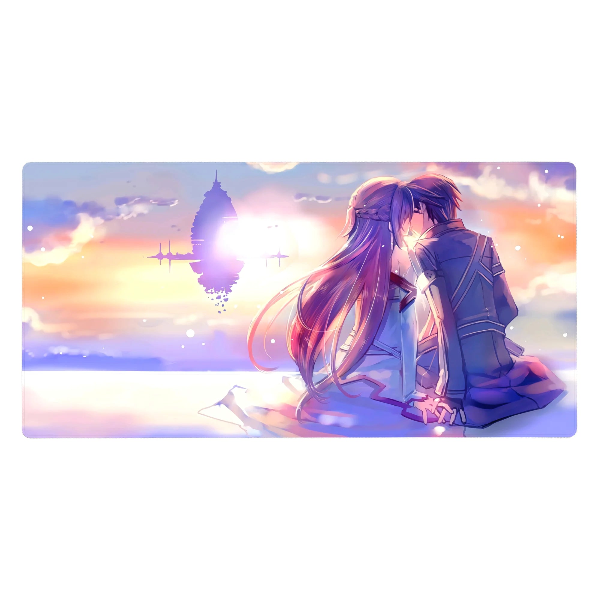 40x20 inches anime desk pad with lovers kissing at sunset, floating fortress sci-fi horizon, crisp print.