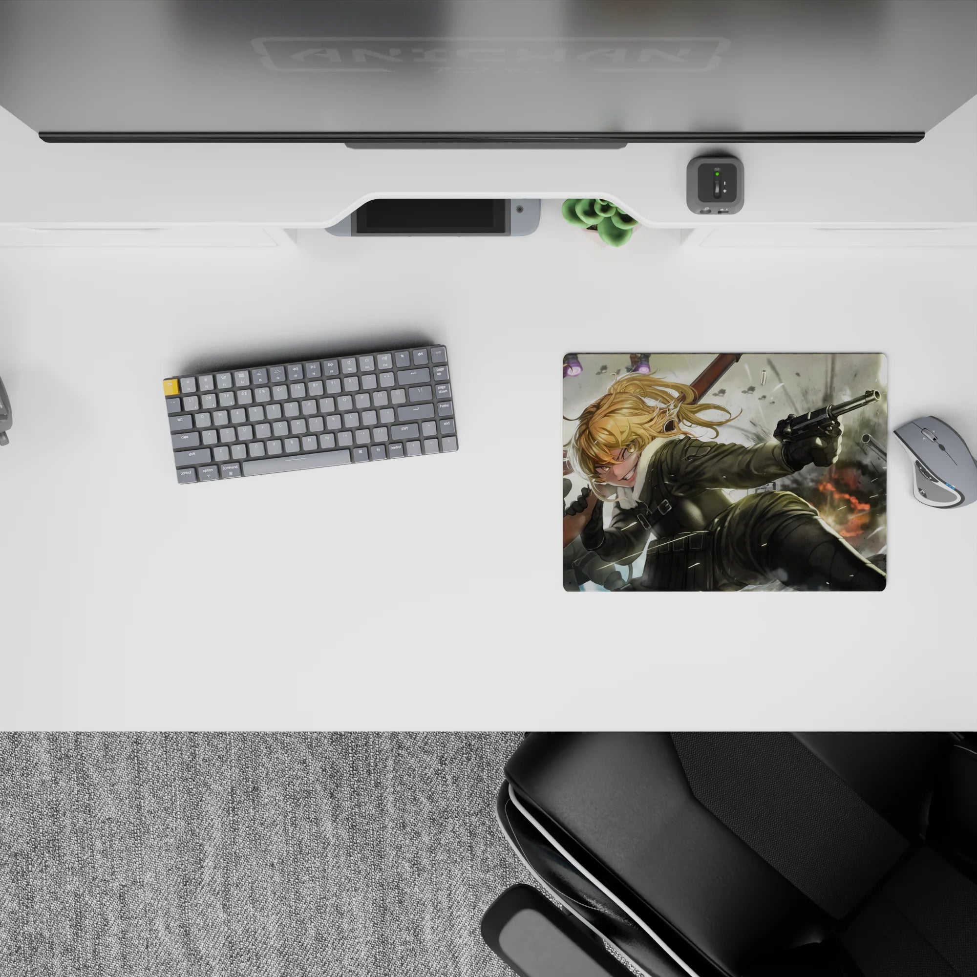 Steel gray and black 14x10 inches anime girl mouse pad with snowy haze, sparks, and chaotic war mood.