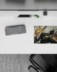 Steel gray and black 14x10 inches anime girl mouse pad with snowy haze, sparks, and chaotic war mood.