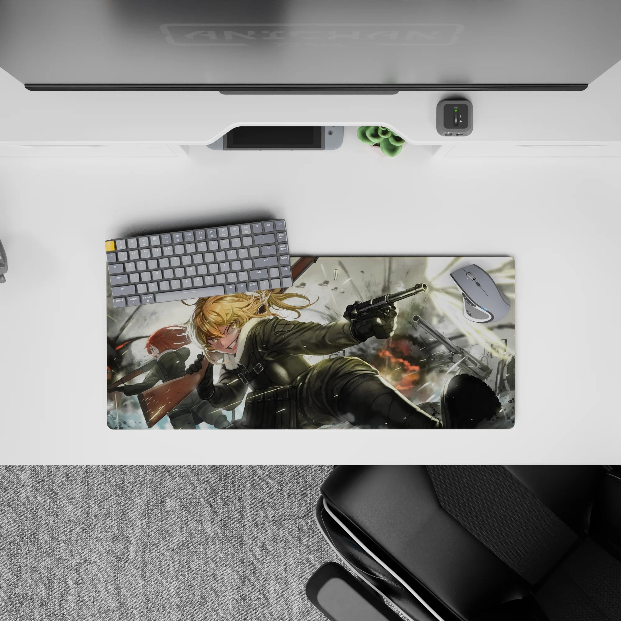 Steel-black, snow-gray anime girl mouse pad 28x12 inches with gritty war mood and blast glow.