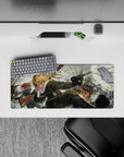 Steel-black, snow-gray anime girl mouse pad 28x12 inches with gritty war mood and blast glow.