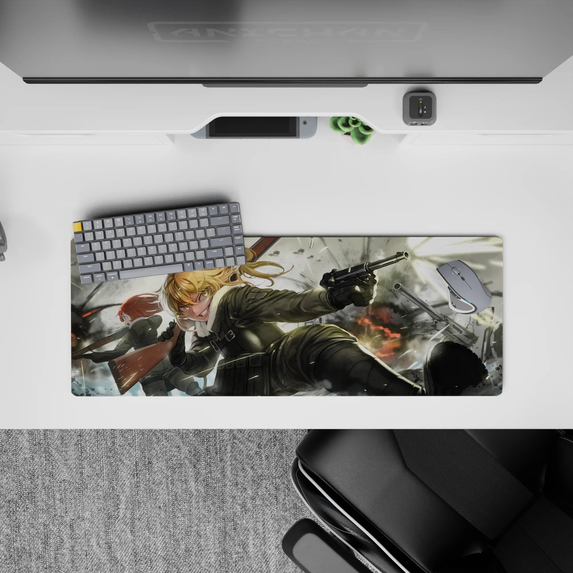 32x12 inches anime girl mouse pad in gritty blacks and steel tones, snow-gray sky, and chaotic blast light.