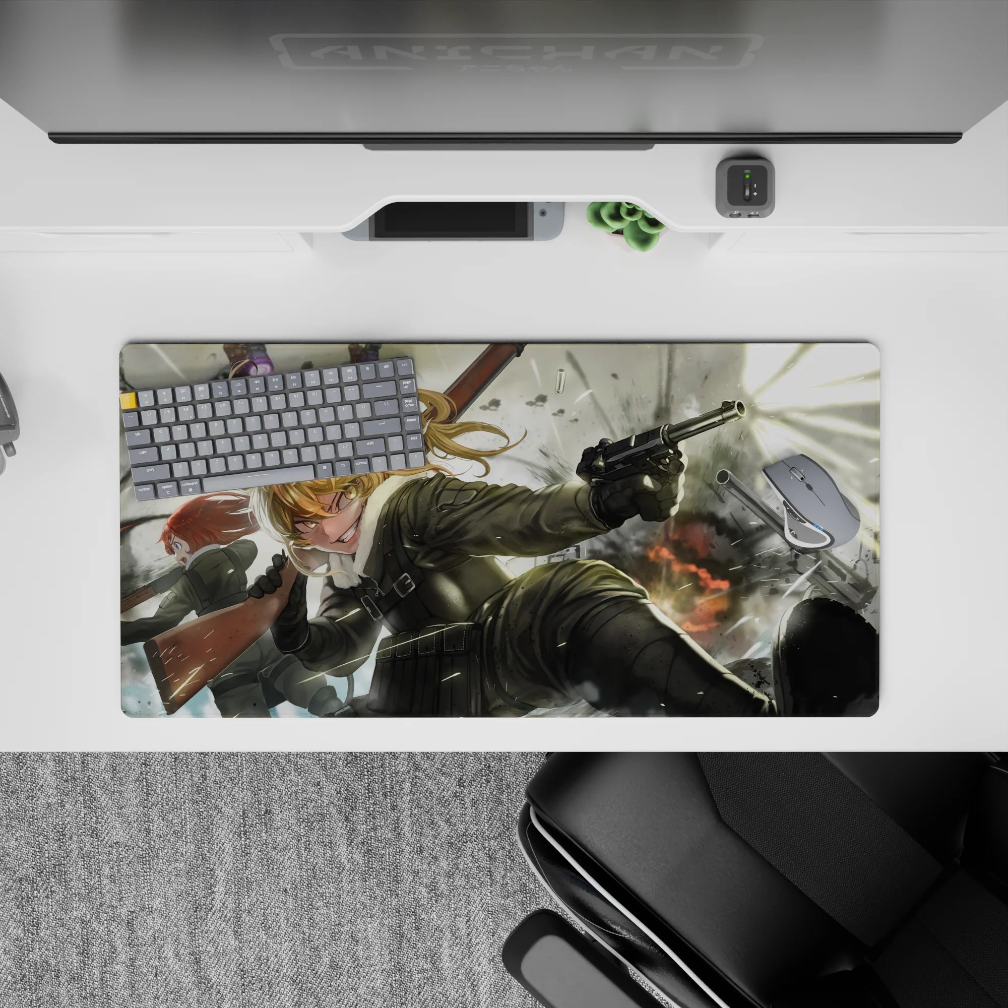 32x16 inches anime girl mouse pad in gritty blacks and steel tones, snow-gray sky, chaotic war mood.