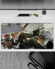 32x16 inches anime girl mouse pad in gritty blacks and steel tones, snow-gray sky, chaotic war mood.