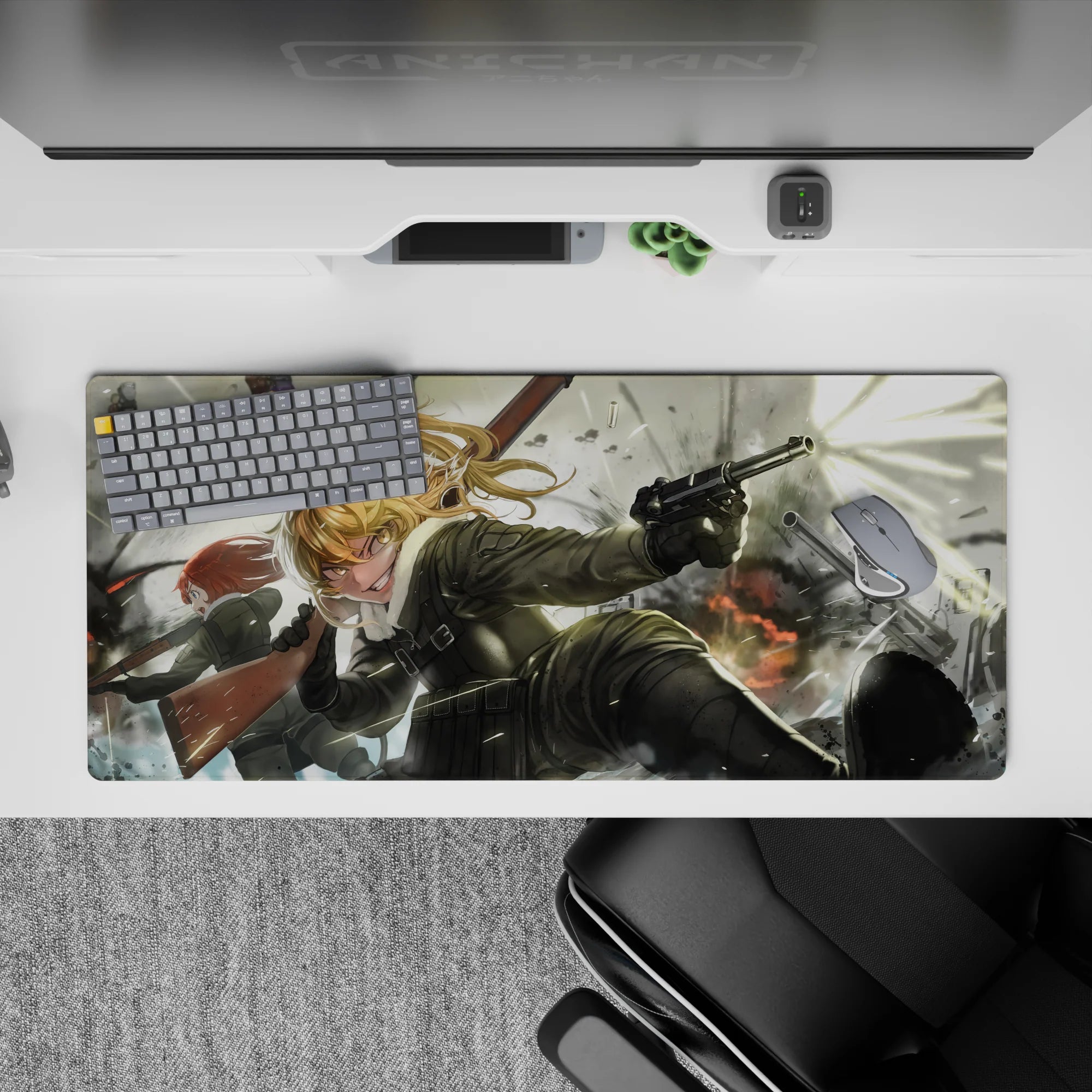 36x16 inches anime desk pad in gritty blacks and steel tones, snow-gray sky, chaotic cute war mood.