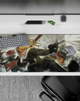 36x16 inches anime desk pad in gritty blacks and steel tones, snow-gray sky, chaotic cute war mood.