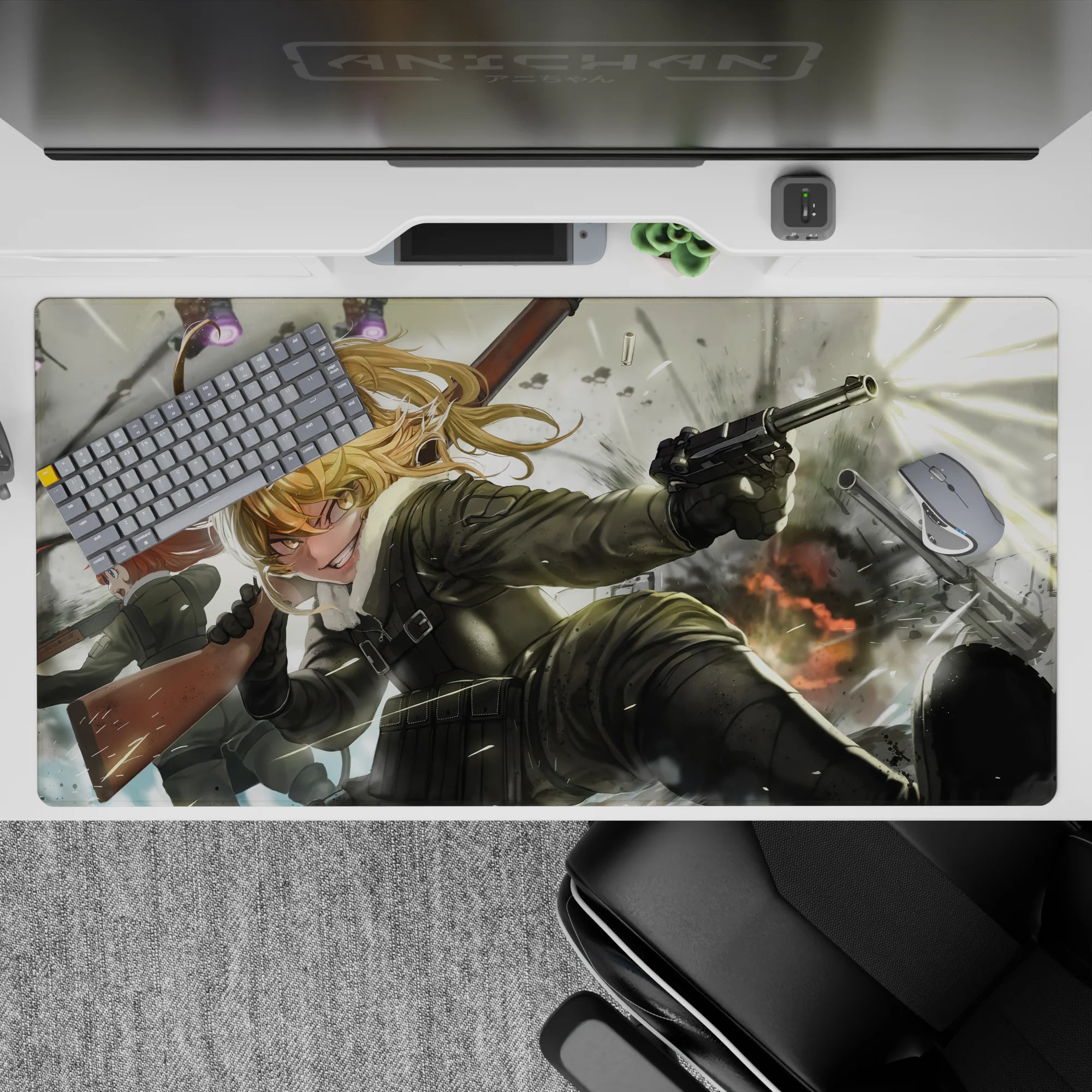 Anime girl desk pad 40x20 inches in gritty blacks and steel tones, snowy gray sky and chaotic war mood.