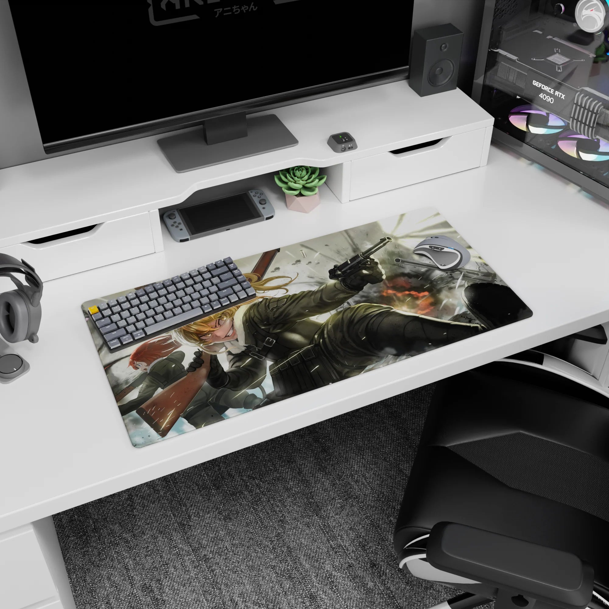 32x16 inches Tanya Degurechaff mouse pad with wicked grin, motion blur, blast light, smoke and sparks.