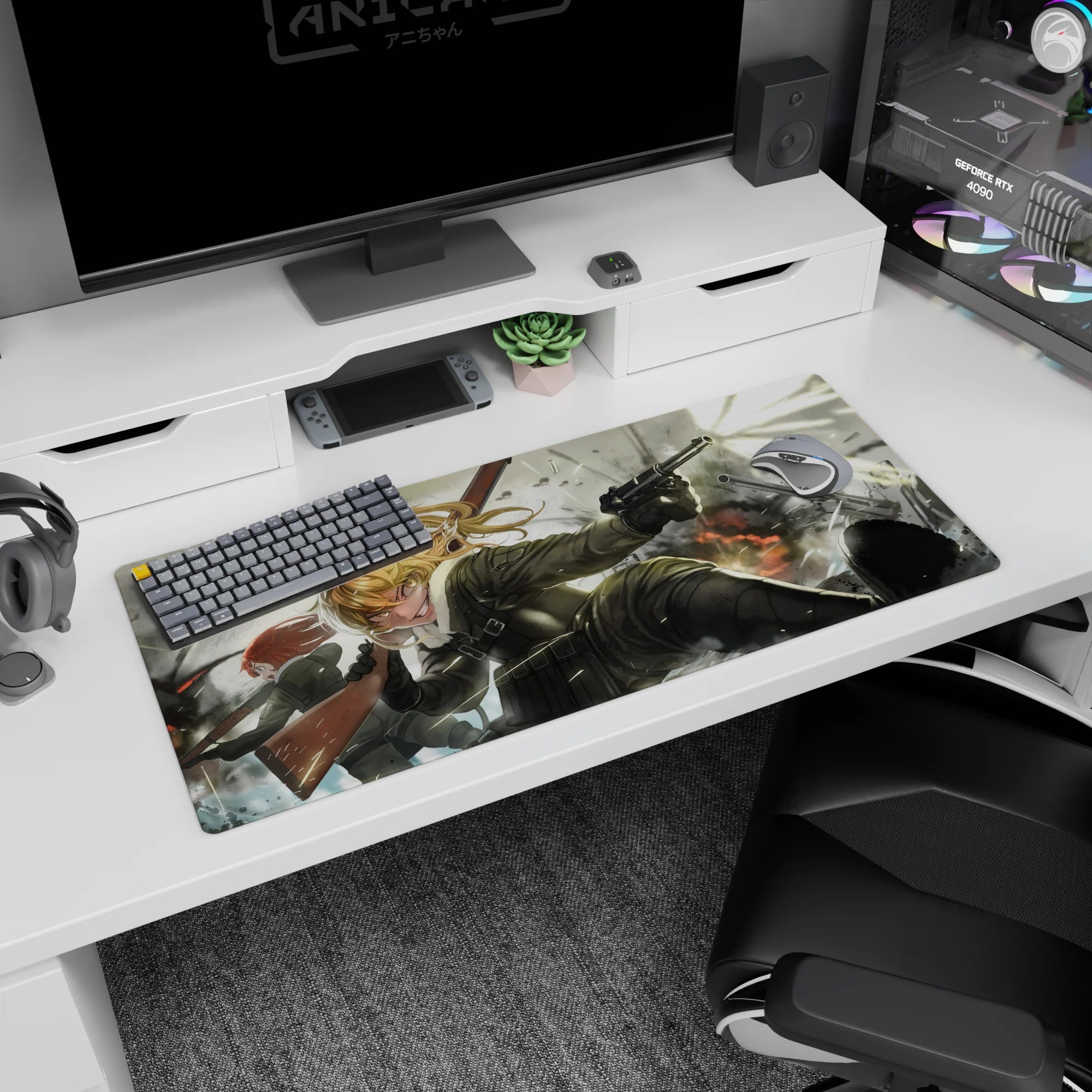 Saga of Tanya the Evil 36x16 inches desk pad featuring Tanya’s wicked grin amid smoke, sparks, and blast light.