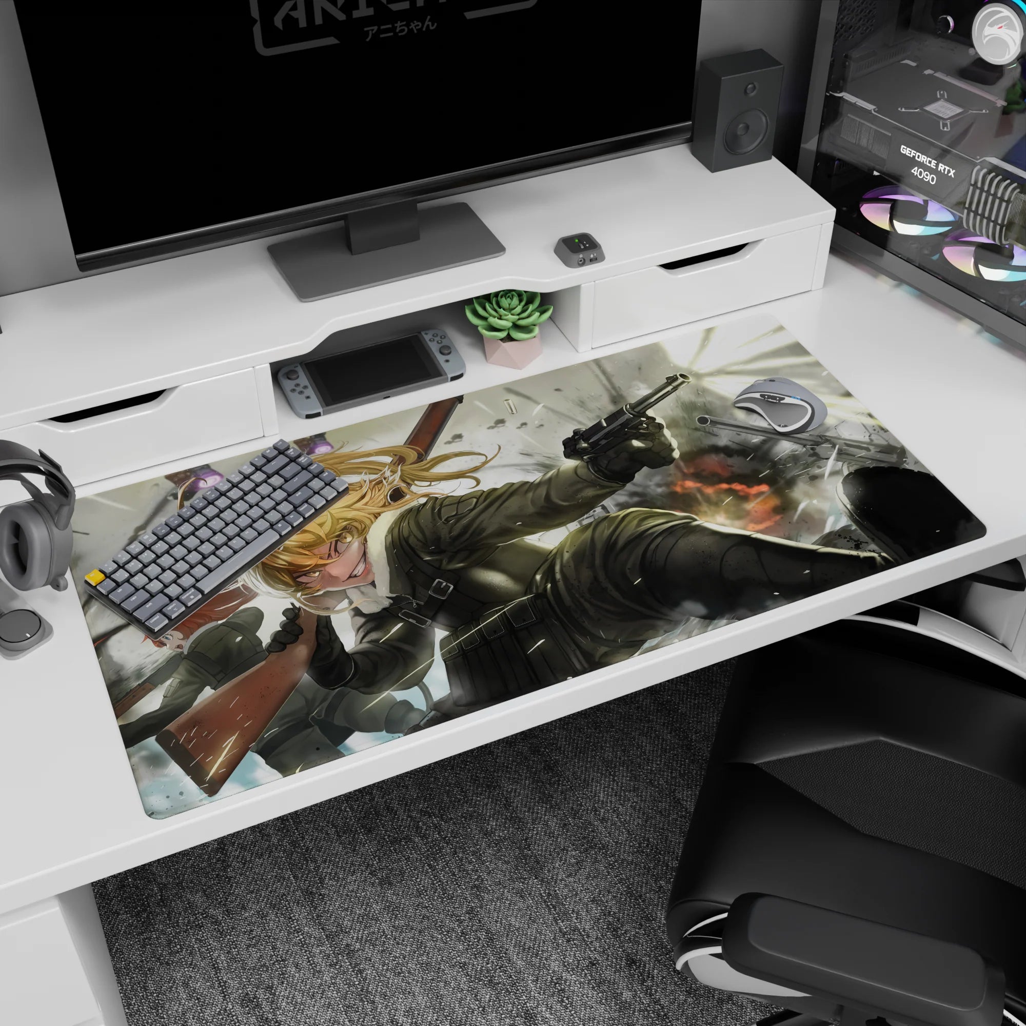 Tanya Degurechaff grinning amid smoke and sparks on anime desk pad 40x20 inches, action scene detail.
