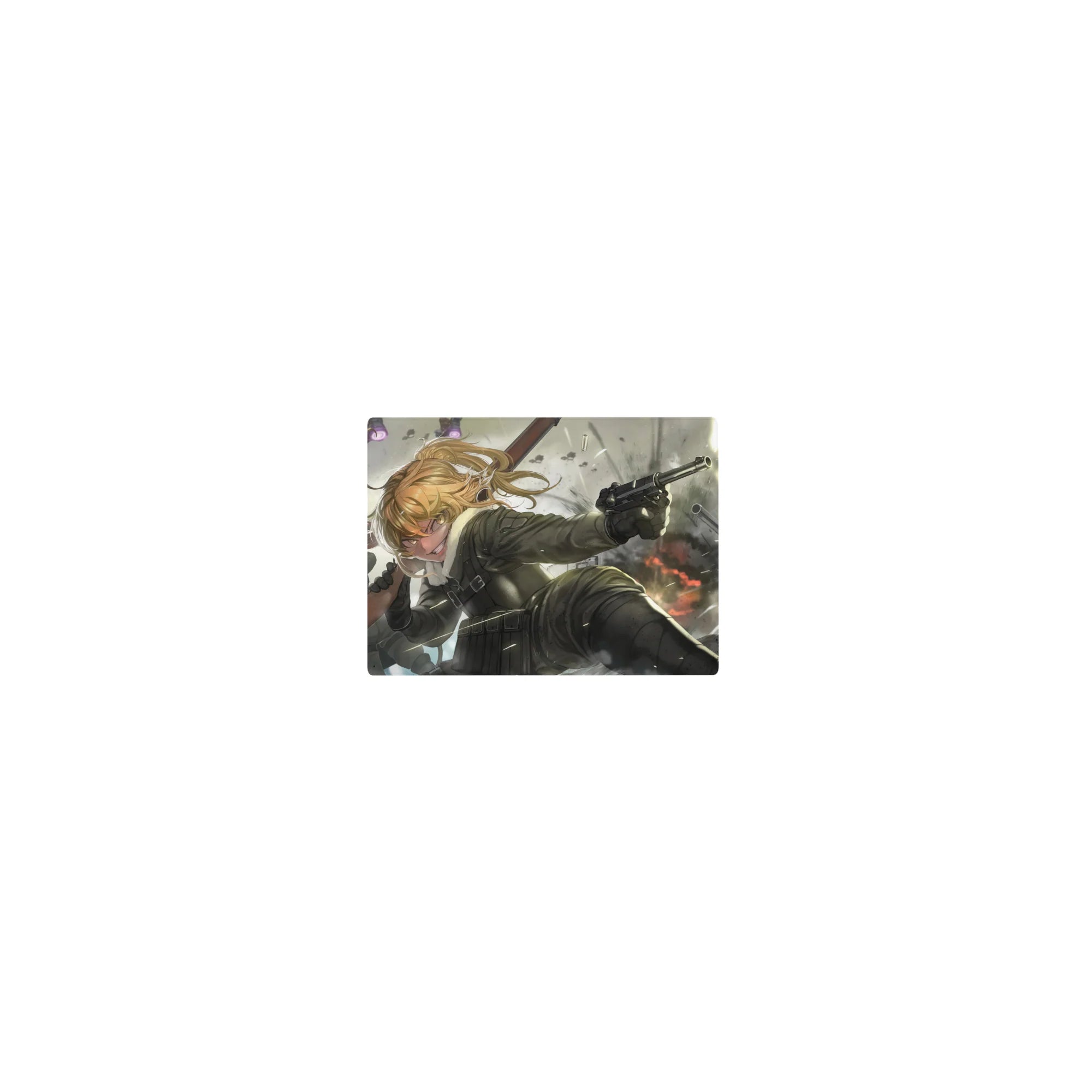 Classic anime girl mouse pad 14x10 inches with battle uniform art, smoke, sparks, and sharp detail.