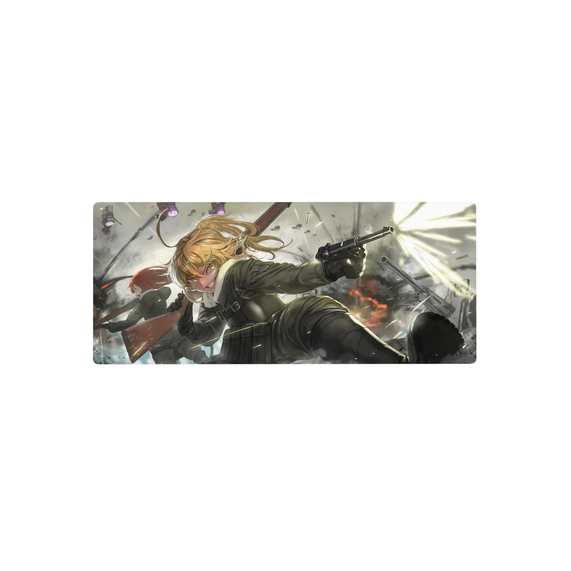 Battlefield anime girl mouse pad 28x12 inches with military uniform, sparks, smoke, and motion blur.