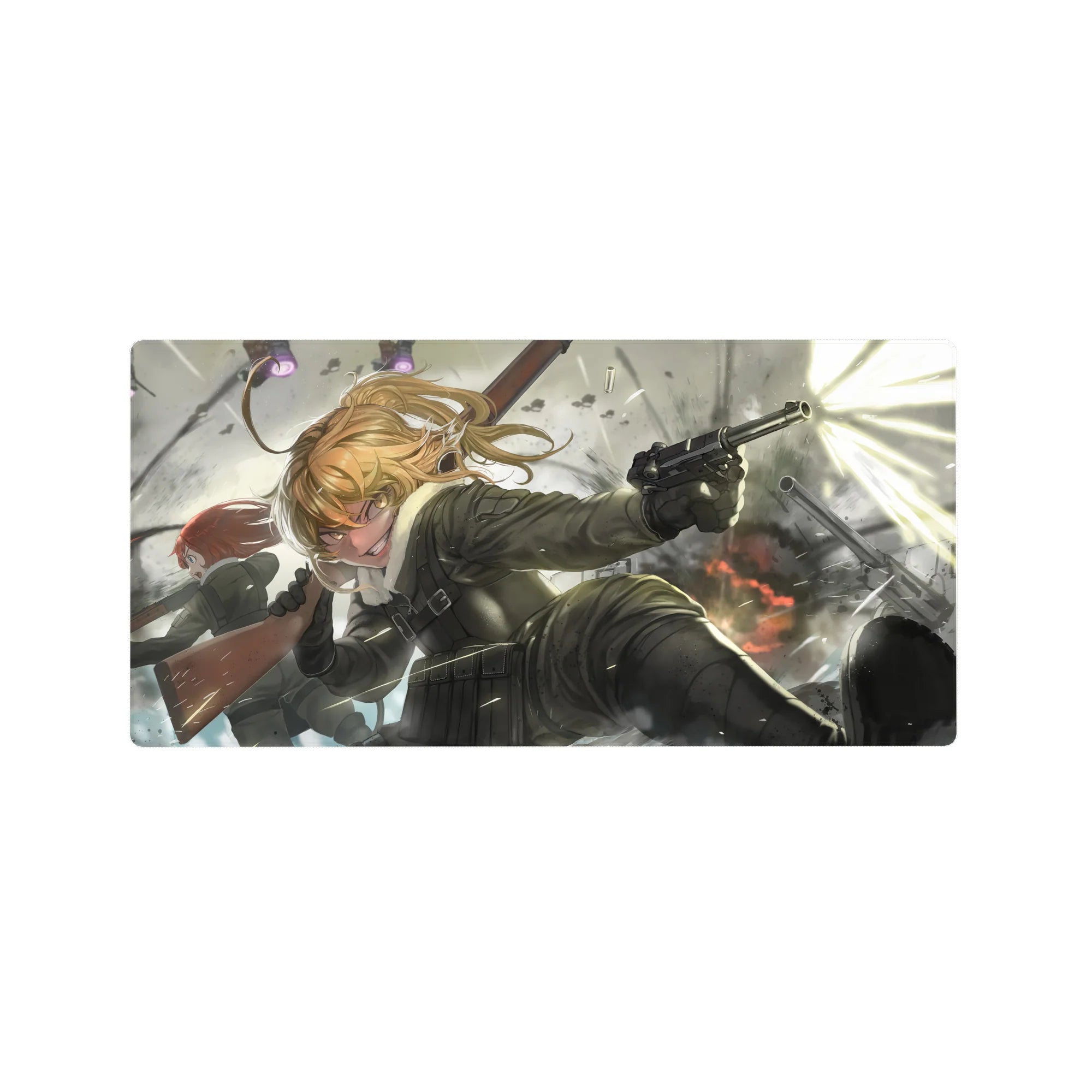 32x16 inches anime girl mouse pad with Tanya battlefield uniform, smoke sparks backdrop, sharp detail glide.