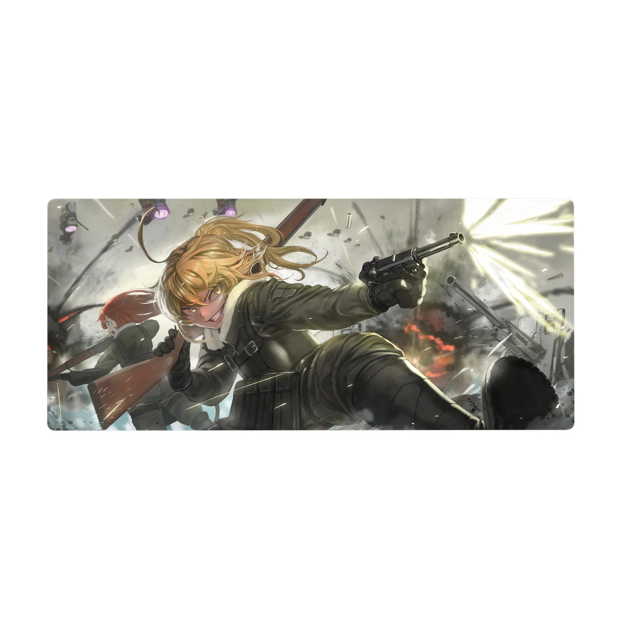 Anime girl desk pad 36x16 inches with Tanya Degurechaff battlefield uniform art, sparks and smoke backdrop.