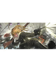 Anime girl desk pad 36x16 inches with Tanya Degurechaff battlefield uniform art, sparks and smoke backdrop.