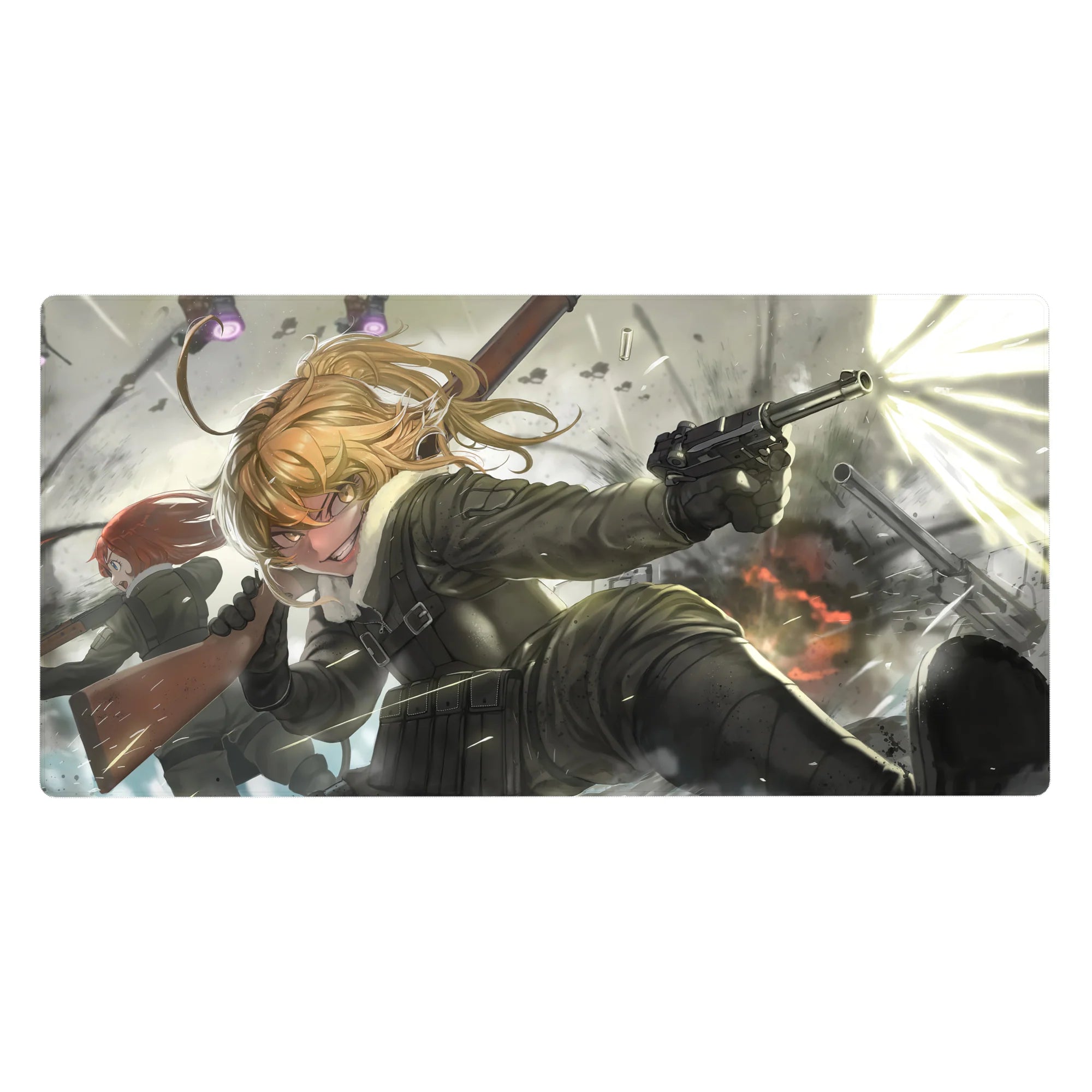 Anime girl desk pad 40x20 inches with battlefield uniform art, smoke, sparks, and smooth glide surface.