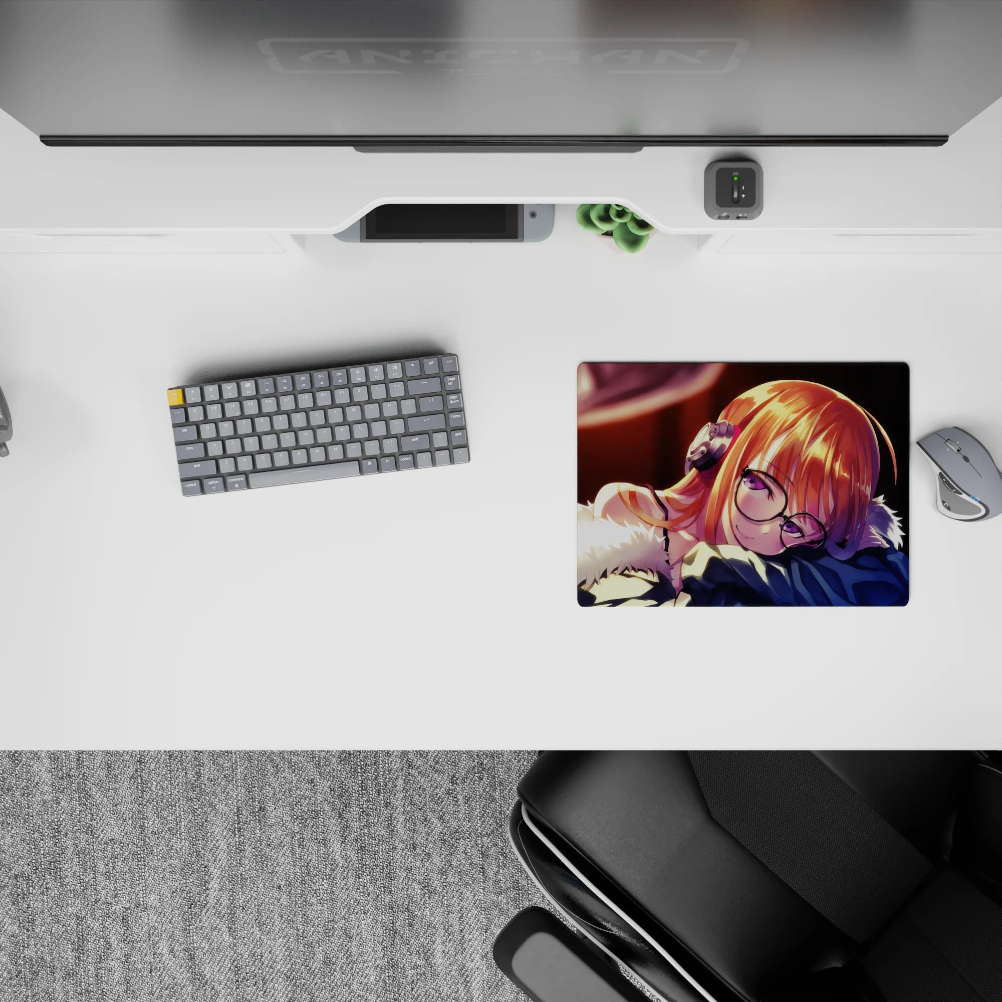Warm amber anime mouse pad 14x10 inches in moody browns and midnight shadows with subtle sparkles.