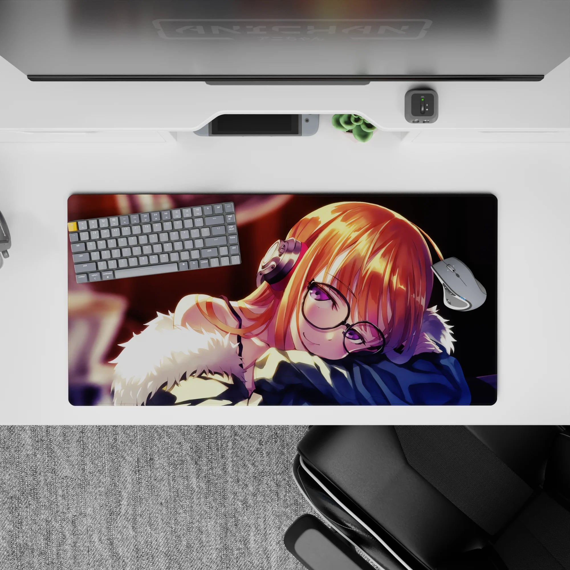 Cozy amber-lit anime girl mouse pad 32x16 inches in warm browns, copper hair, midnight shadows.