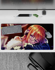 Cozy amber-lit anime girl mouse pad 32x16 inches in warm browns, copper hair, midnight shadows.