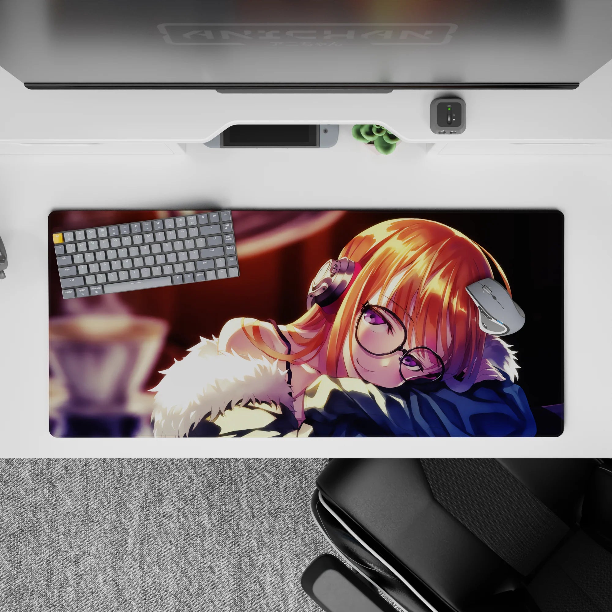 Moody amber-lit anime desk pad 36x16 inches in copper and midnight browns, late-night chill vibe.