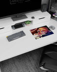 Sleepy copper-haired anime girl with round glasses and headphones on a 14x10 inches mouse pad.