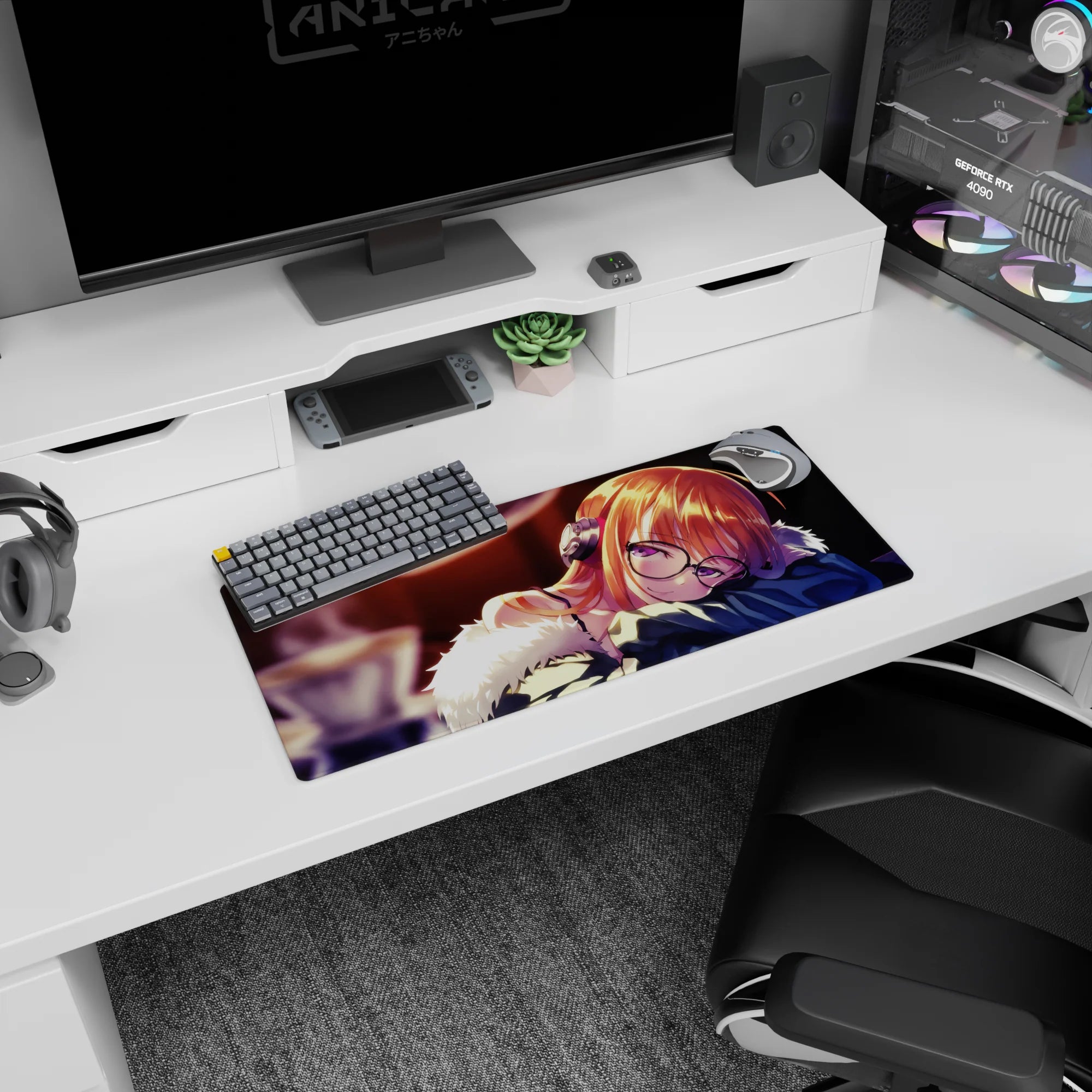 28x12 inches mouse pad showing sleepy anime girl with glasses and headphones, copper hair, fluffy trim.