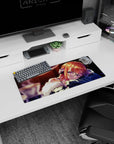 28x12 inches mouse pad showing sleepy anime girl with glasses and headphones, copper hair, fluffy trim.