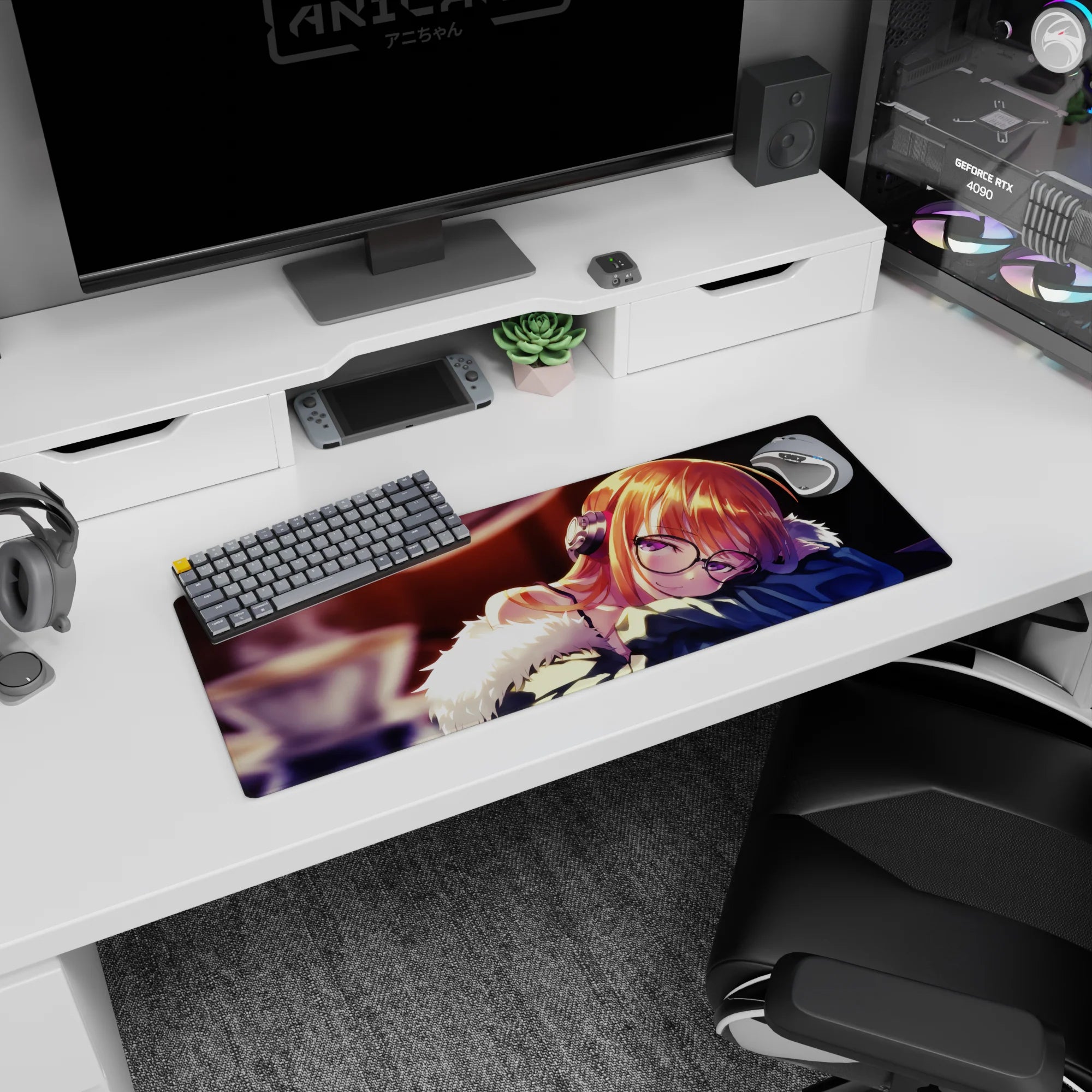 Sleepy anime girl in big round glasses and headphones on 32x12 inches mouse pad, fluffy trim and sparkles.