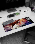 Sleepy anime girl in big round glasses and headphones on 32x12 inches mouse pad, fluffy trim and sparkles.