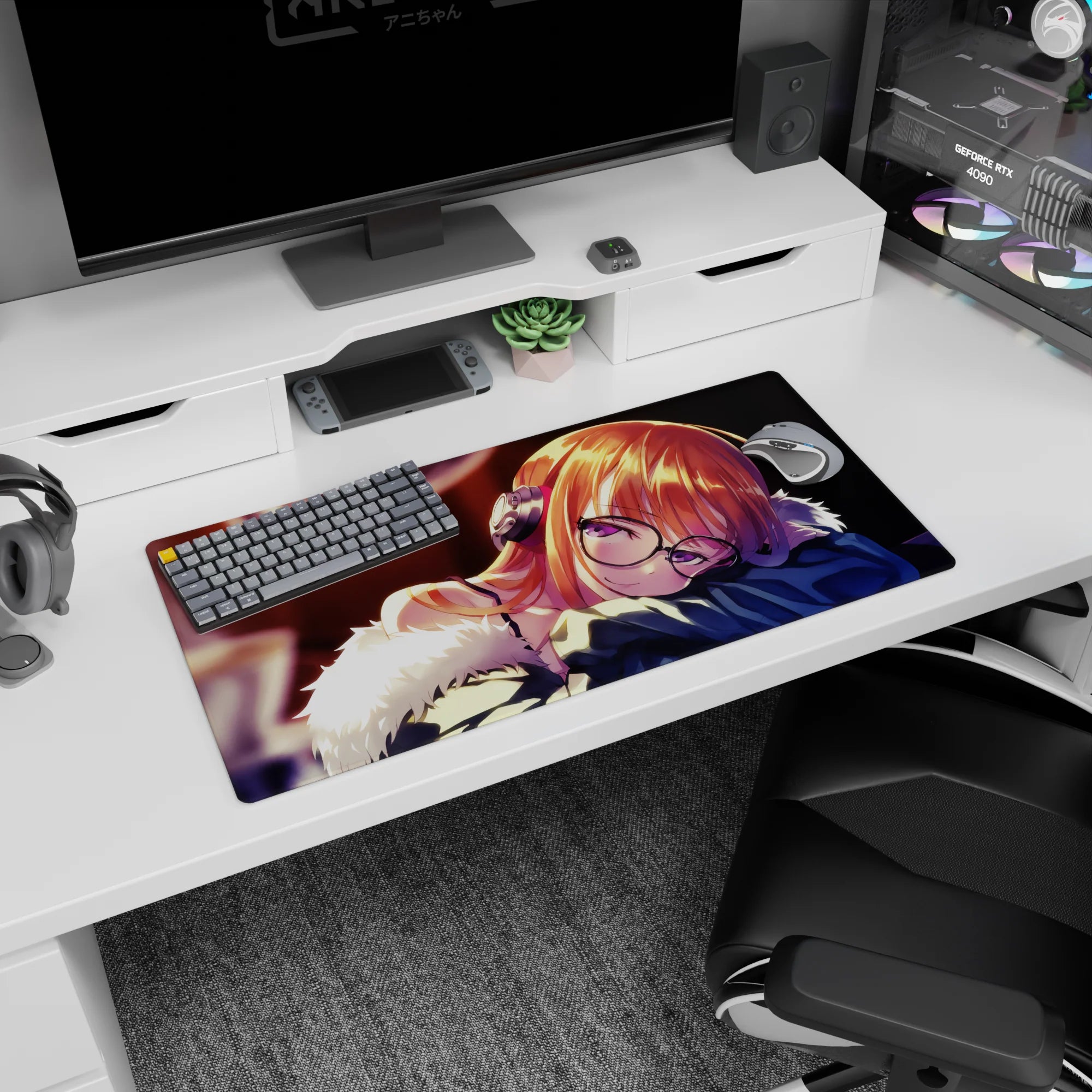 Sleepy anime girl with big glasses and headphones on mouse pad 32x16 inches, blue sleeve and sparkles.