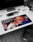Sleepy anime girl with big glasses and headphones on mouse pad 32x16 inches, blue sleeve and sparkles.