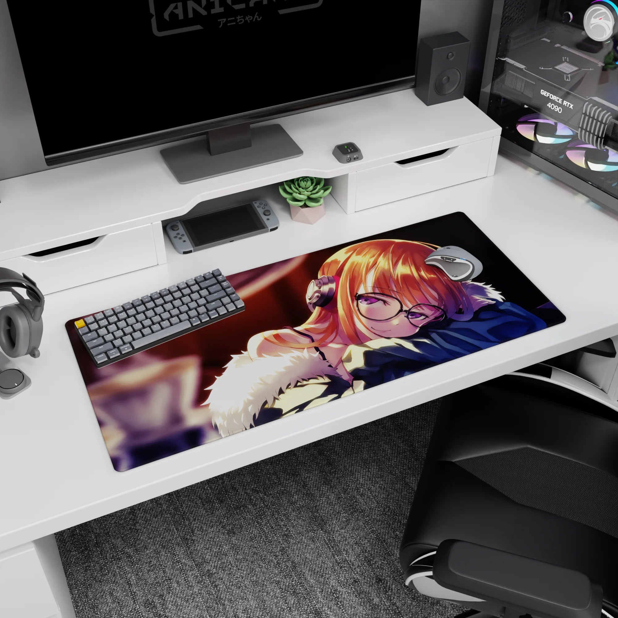 Sleepy anime girl with glasses and headphones on desk pad 36x16 inches, blue sleeve and sparkles.