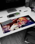 Sleepy anime girl with glasses and headphones on desk pad 36x16 inches, blue sleeve and sparkles.