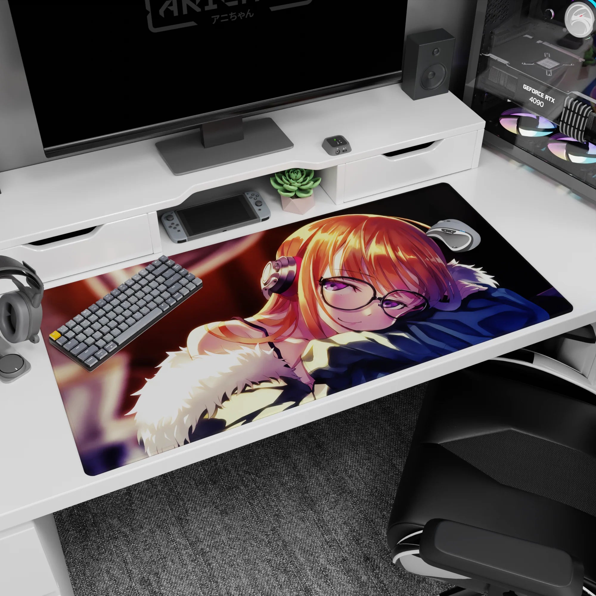 Sleepy anime girl with glasses and headphones on desk pad 40x20 inches, fluffy trim and blue sleeve.