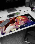 Sleepy anime girl with glasses and headphones on desk pad 40x20 inches, fluffy trim and blue sleeve.