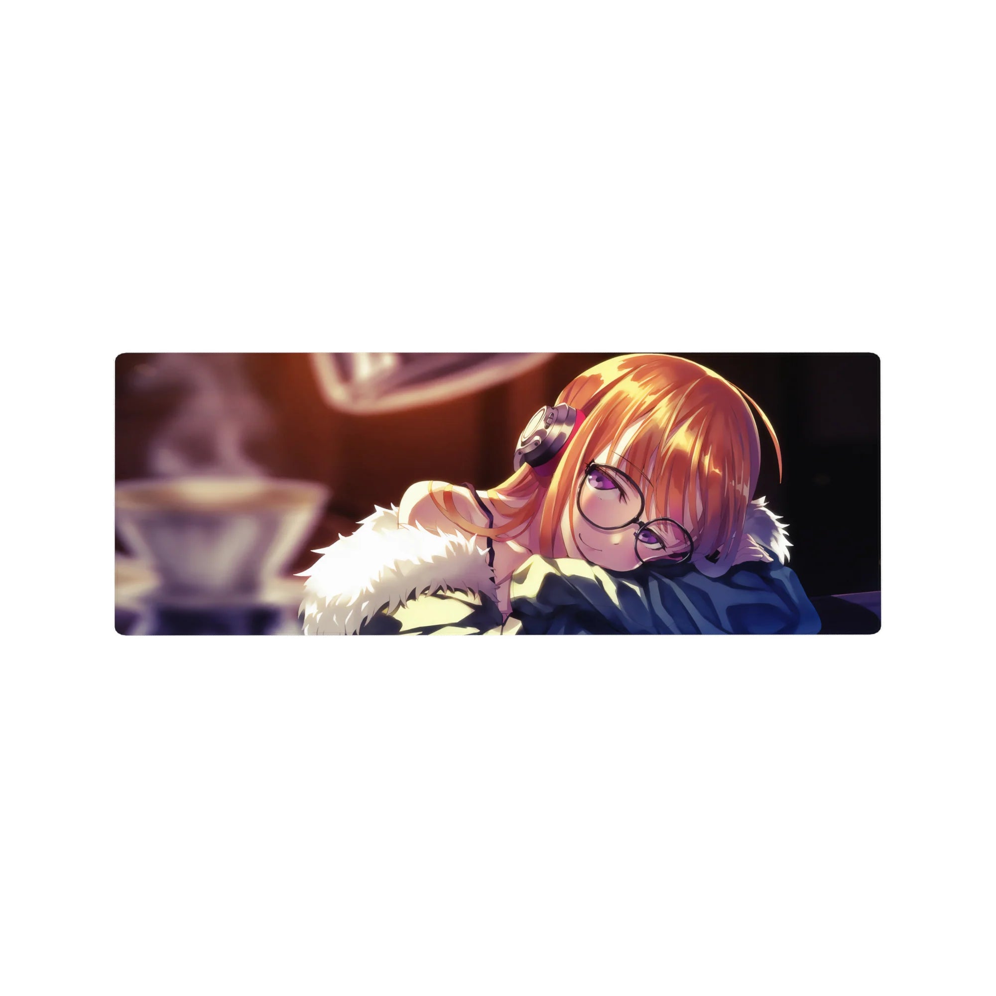 Anime girl mouse pad 32x12 inches with sleepy OC, round glasses, chunky headphones, cozy desk aesthetic.