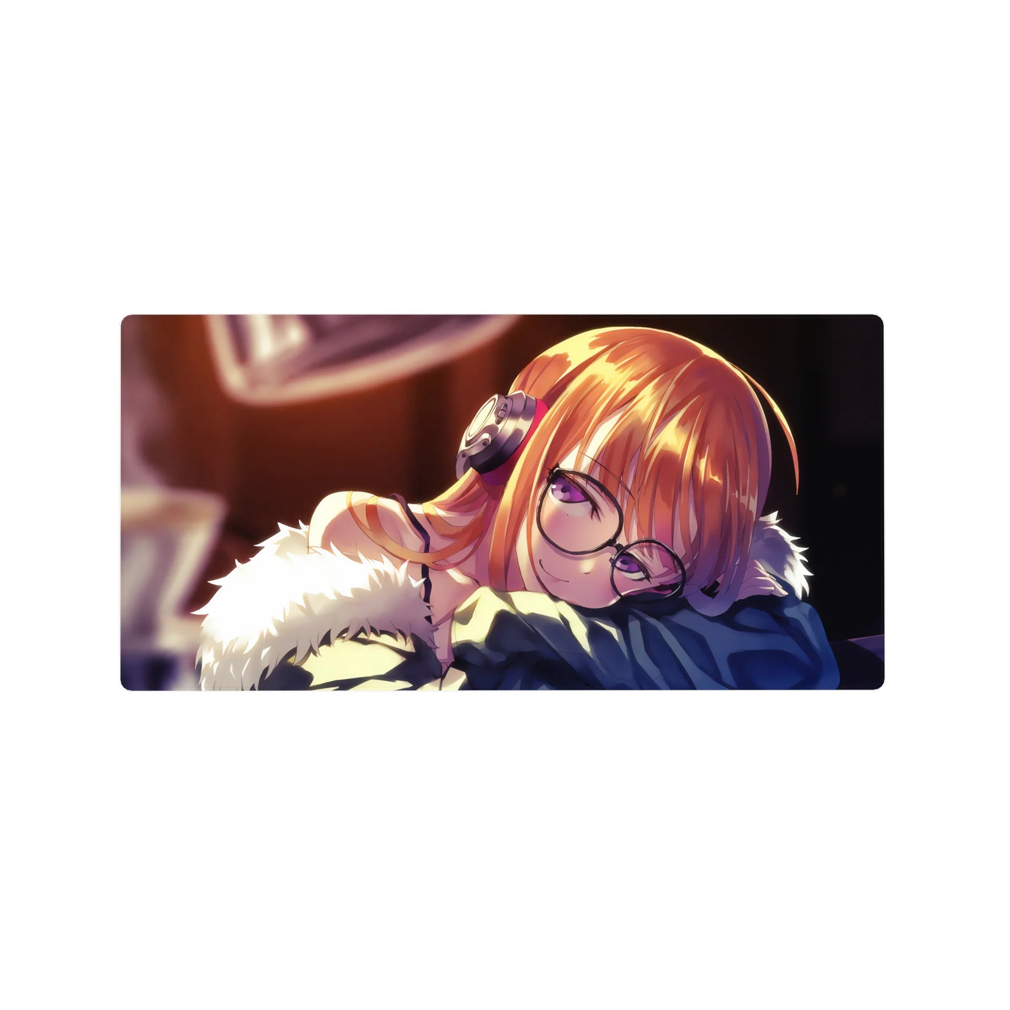 Anime girl mouse pad 32x16 inches with sleepy OC, round glasses, chunky headphones, fluffy trim.