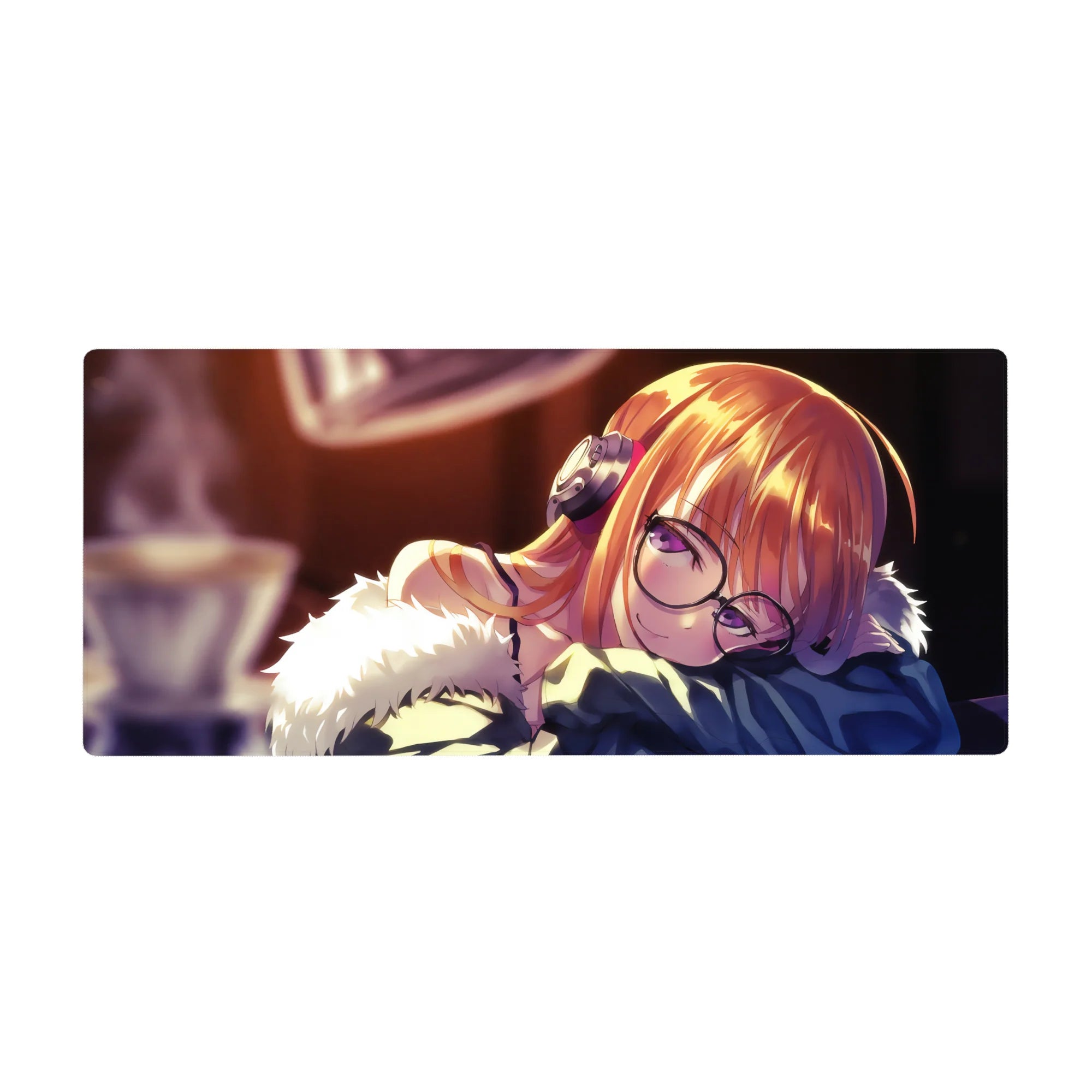 Anime girl desk pad 36x16 inches with sleepy OC, round glasses, chunky headphones, cozy fluffy trim.
