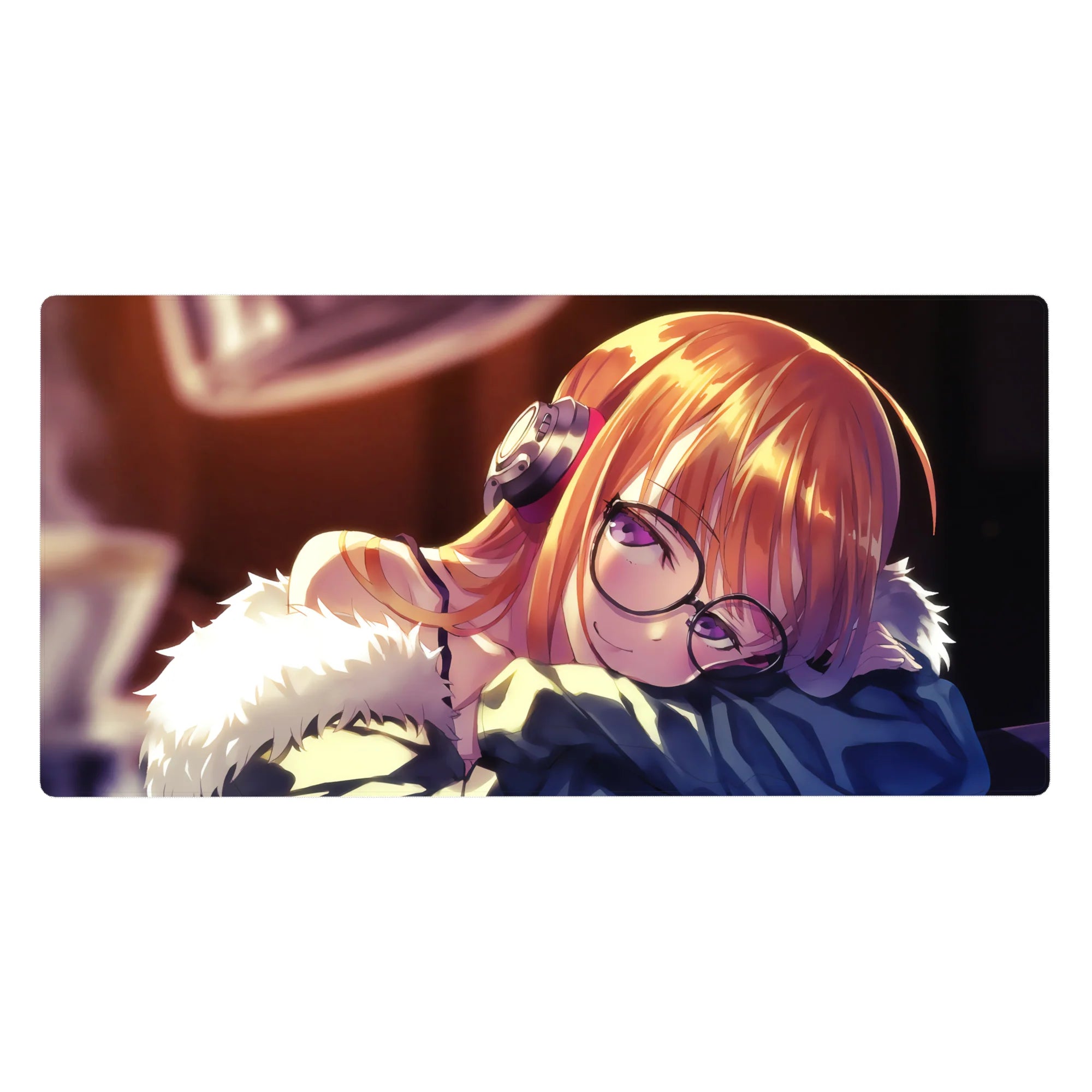 Anime girl desk pad 40x20 inches with sleepy OC, round glasses, chunky headphones, cozy late-night style.