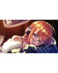Anime girl desk pad 40x20 inches with sleepy OC, round glasses, chunky headphones, cozy late-night style.