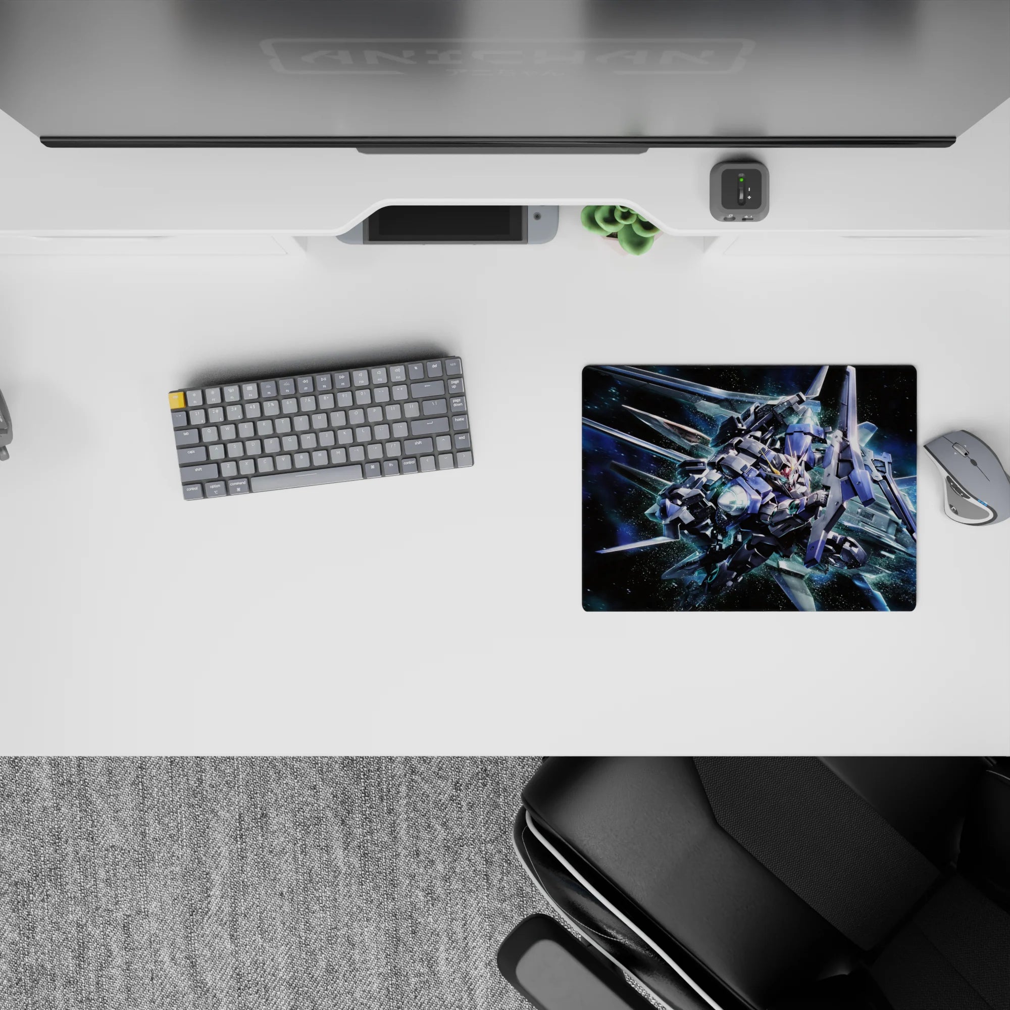 Galaxy-haze anime mouse pad 14x10 inches in steel blue, silver, and neon teal with comet-like glow.