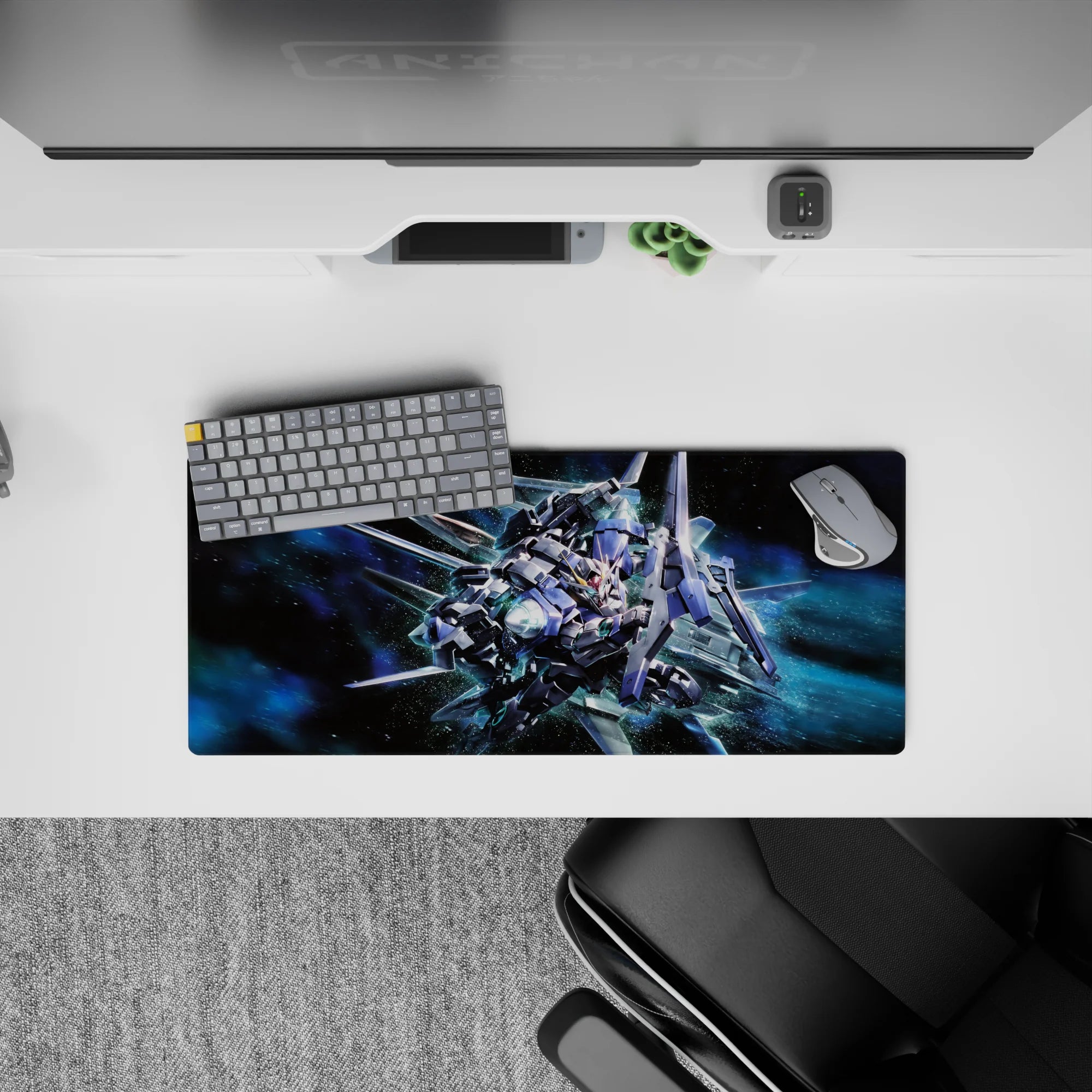 28x12 inches anime mouse pad in steel blue and silver with neon teal highlights, set in a deep galaxy haze.